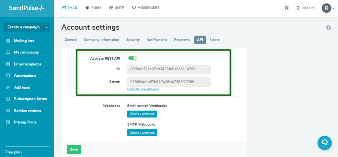 Send Pulse Dashboard: Account Settings